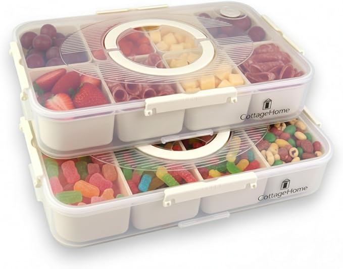 Snackle Box Container with 8 Removable Compartments - 2 Pack Divided Serving Tray with Lid and Handle for Candy, Fruits, Veggies, Nuts, Snacks - Dishwasher Safe, Reusable Travel Snack Box