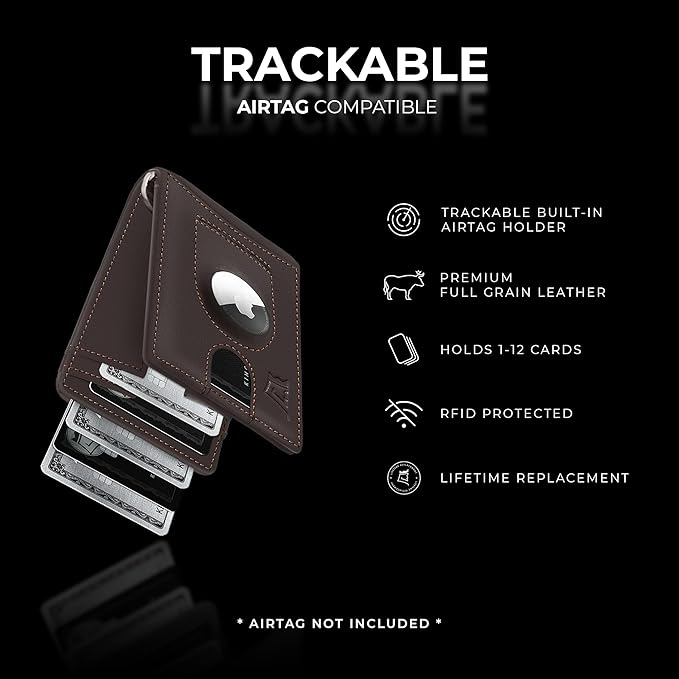 Kings Loot Trackable Airtag Wallet for Men | RFID Blocking Leather Design with Airtag Holder, Money Clip & Pull Tab | Minimalist Air Tag Wallets