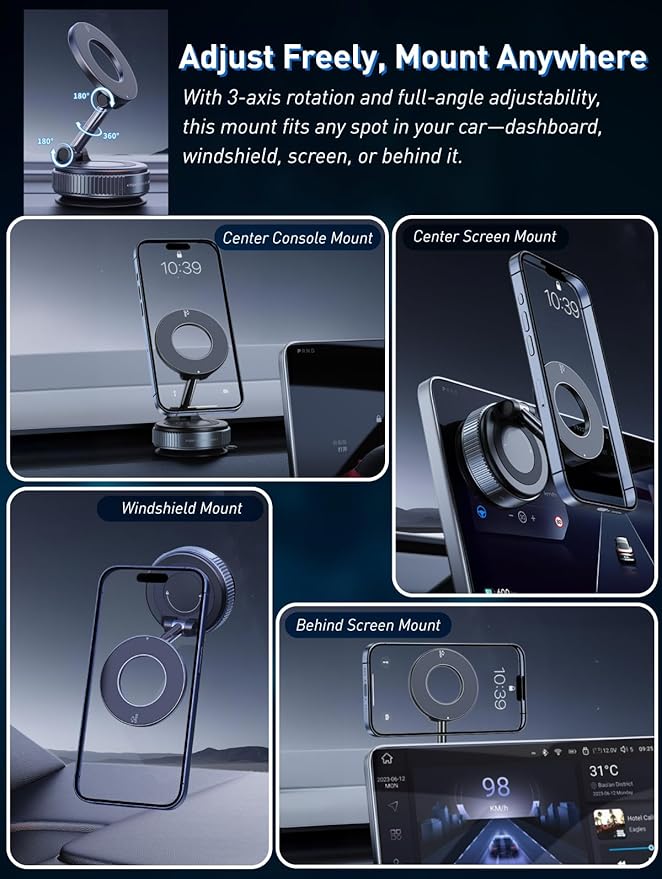 Phone Holders for Your car - 360° Adjustable Car Phone Holder for Magsafe Vacuum Suction Phone Mount with Washable Gel for iPhone 17 16 15 14 13 12