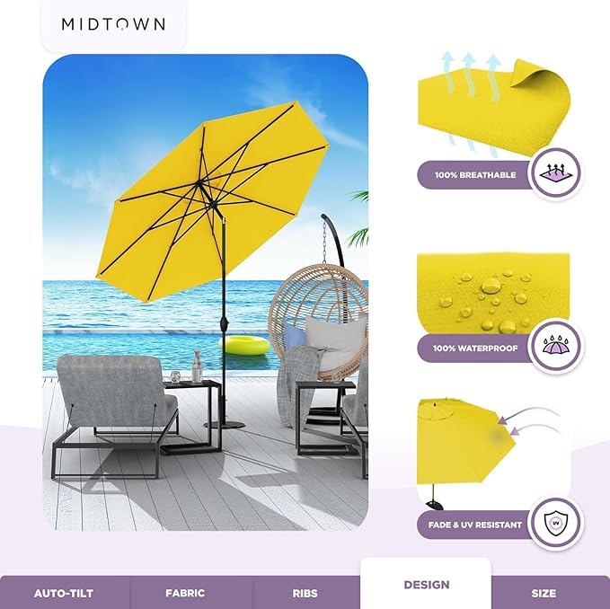 Midtown Umbrellas 10-Year-No-Fade - 6 Ft - UV Proof Yellow Polyester Fabric - Umbrella Outdoor Patio, Aluminum Frame Large Patio Umbrella for Garden, Pool & Deck - Black Pole