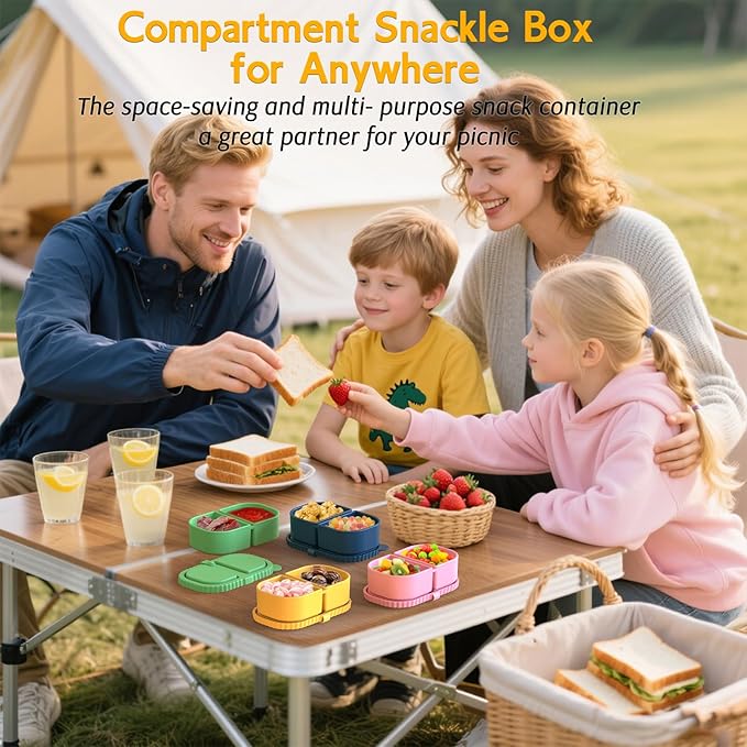 ICEROYCE 4 Pack Silicone Snack Containers with Lids, Double Compartment Snack Containers for Sauce, Reusable Silicone Food Storage Box for Lunch Office Travel