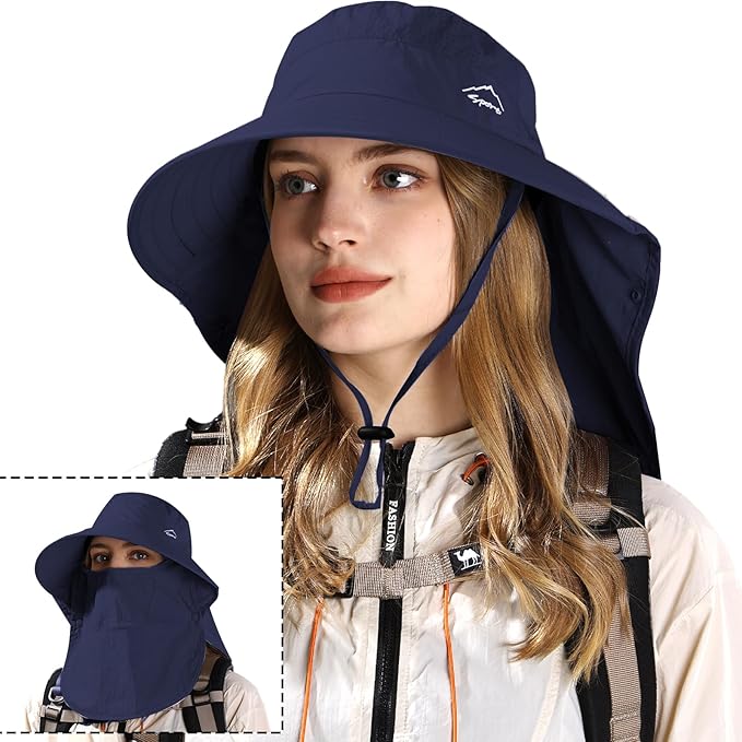 Rosoz Sun Hat for Men Women with Neck Flap,Wide Brim UPF50+ Fishing Hat with Detachable Face Cover Outdoor Sun Protection Hat
