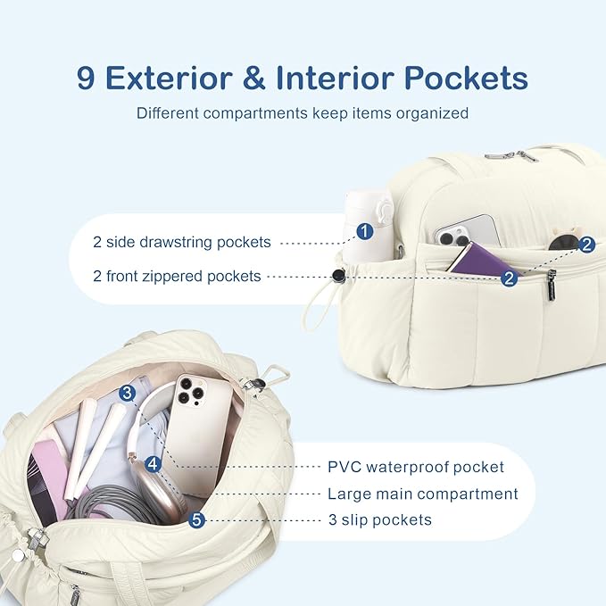 TOPDesign Travel Duffel Bag for Women, Puffer Gym Bag Sports Tote with Wet Pocket, Carry On Weekender with Luggage Sleeve (Ivory White)
