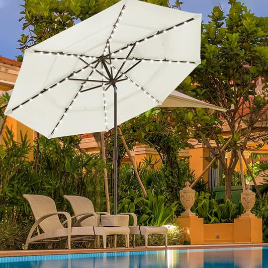 EliteShade USA 10-Year-Non-Fading Solar 9ft 3 Tiers Market Umbrella with 80 LED Lights Patio Umbrellas Outdoor Table with Ventilation,Natural