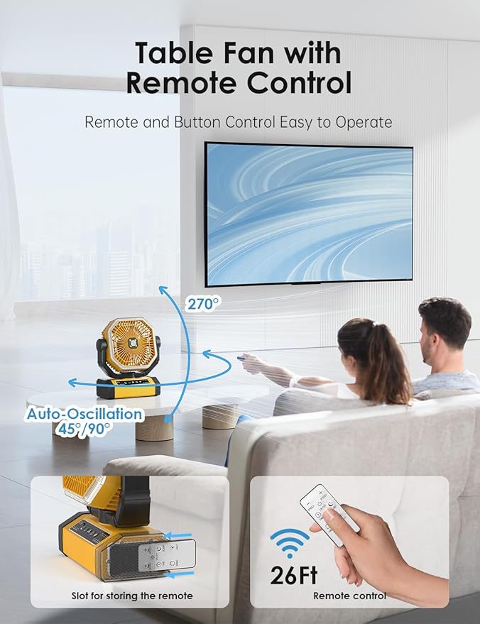 Battery Powered Fan - 9-Inch Rechargeable Fan Portable, 10000mAh(30Hrs) Camping Fan for Tent, Auto Oscillation Cordless Fan, Tent Fan for Camping with Remote/light, 4 Speeds, 4 Timing, Outdoor