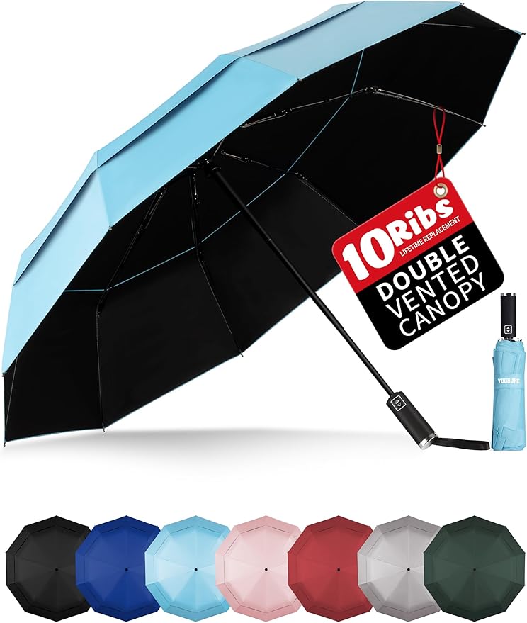 Yoobure Windproof Travel Umbrella with Wood Handle - Automatic Umbrellas for Rain & UV Sun Protection, Compact 46" Large Canopy, Lightweight Backpack Portable for Walking & Outdoor