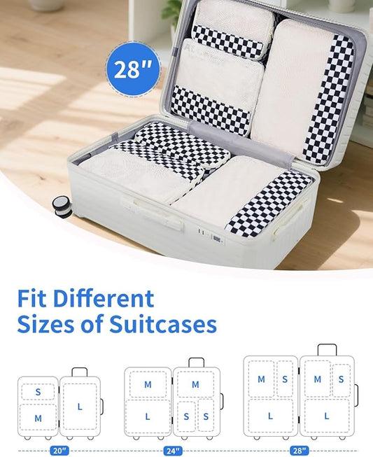 Narwey 7 Set Checkered Packing Cubes for Travel Carry on Suitcase Luggage Organizer Bags for Kids Women Men, Durable Packing Organizers Bag, Travel Essentials Accessories (Black Checkerboard)