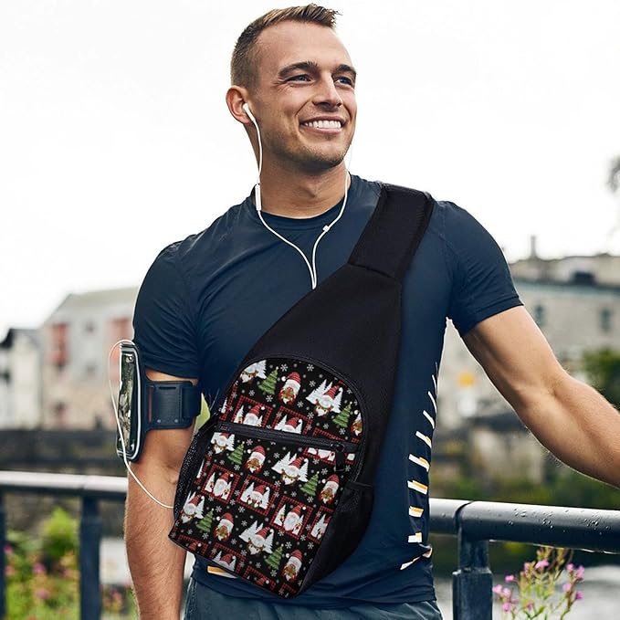 SWEET TANG Fashion Sling Backpack for Men Women, Lightweight Sling Shoulder Bag, Outdoor Chest Crossbody Bike Gym Runner Daypack with Adjustable Strap, Red Gnomes Snow Christmas