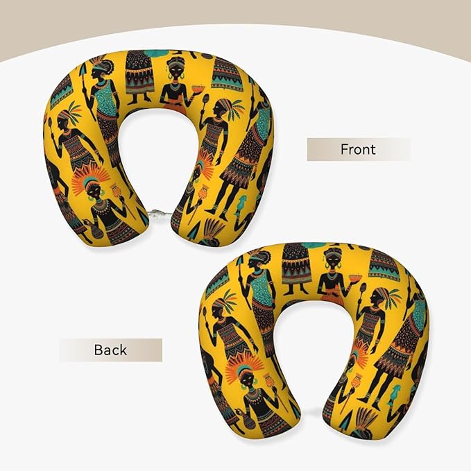 Neck Travel Pillow, Breathable Memory Foam Chin & Head Support Cushion Traditional African Women Art Yellow for Airplane Car Sleeping Rest