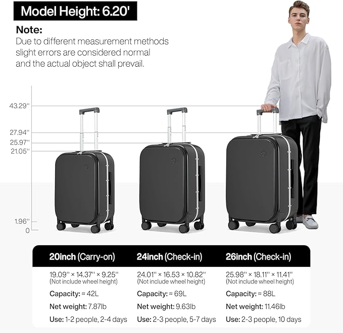 mixi 26 Inch Large Checked Luggage PC Hard Shell Suitcase Top Opening Aluminum Frame Travel Suitcases with Wheels, Black