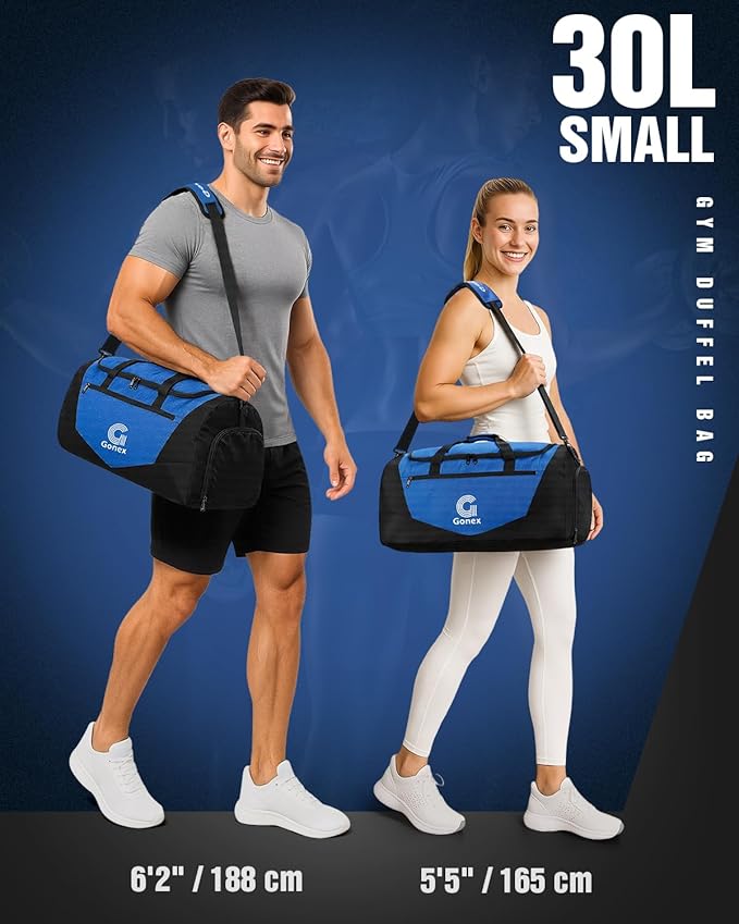 Gonex Gym Duffel Bag with Shoe Compartment Wet Pocket, Large Capacity Sports Duffle Bag for Men Women, Workout & Travel Bag with Multiple Pockets, Black/Blue, Small (30L)