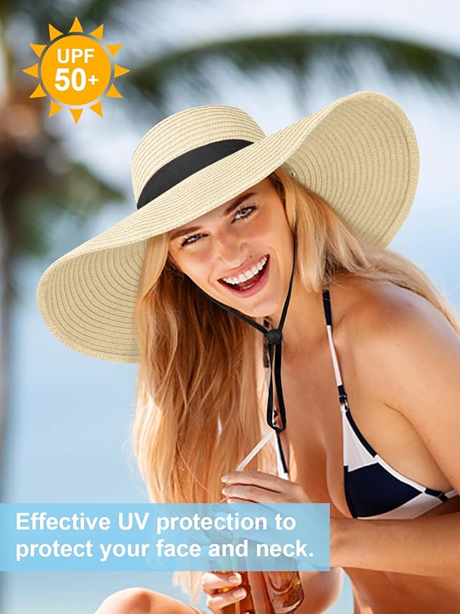 Senker Fashion Sun Hats for Women Oversize Wide Brim Straw Beach Hat Floppy Foldable Roll-Up Summer Vacation UPF 50+
