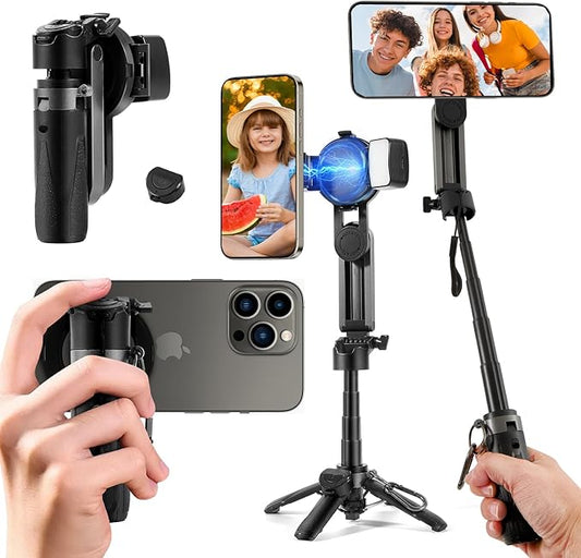 Phone Tripod, 4-in-1 Magnetic Mini Selfie Stick,Pocket Size Selfie Stick with Wireless Detachable Remote Control & 2 Fill Light for Photograph, Vlogging Compatible with iPhone/Android