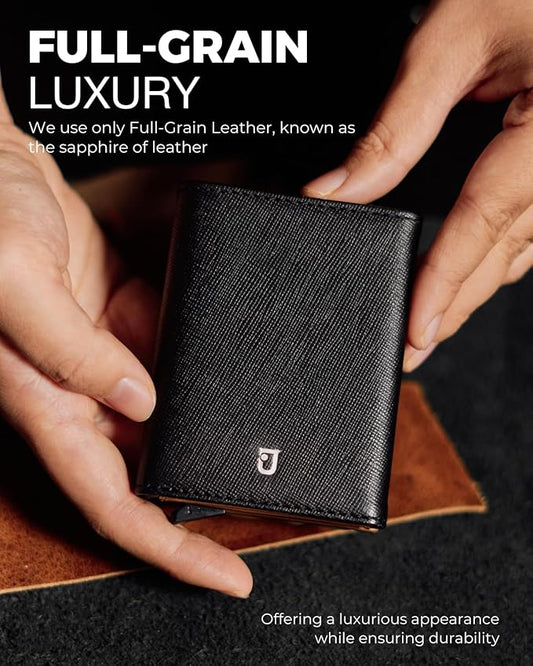 Jenoss Smart Wallet For Men: Full Grain Leather, Handcrafted, Silver Metal Pop Up Case, Slim RFID Blocking Credit Card Holder, Minimalist Compact 12 Cards Slot Organizers ID Money Clip (Black & Brown)