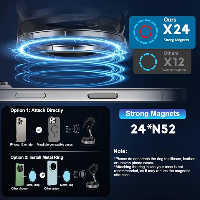 Vacuum Magnetic Suction Phone Holder, Foldable and Retractable Hands-Free Suction Cup Phone Mount for Car/Gym/Mirror/Smooth Surface, Compatible with iPhone Android and All Smartphones (Black)