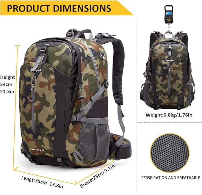 SPEEDPARK Hiking Backpack 40L Waterproof Hiking Daypack with Rain Cover, Outdoor Trekking Travel Backpacks for Men Women