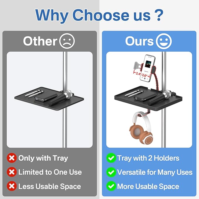 Functional Microphone Stand Tray with Adjustable Mic Stand Phone Holder - 8.7"x6.5" Mic Stand Tray Shelf Clamp-On Music Stand Accessory for Live Streaming Karaoke Recording