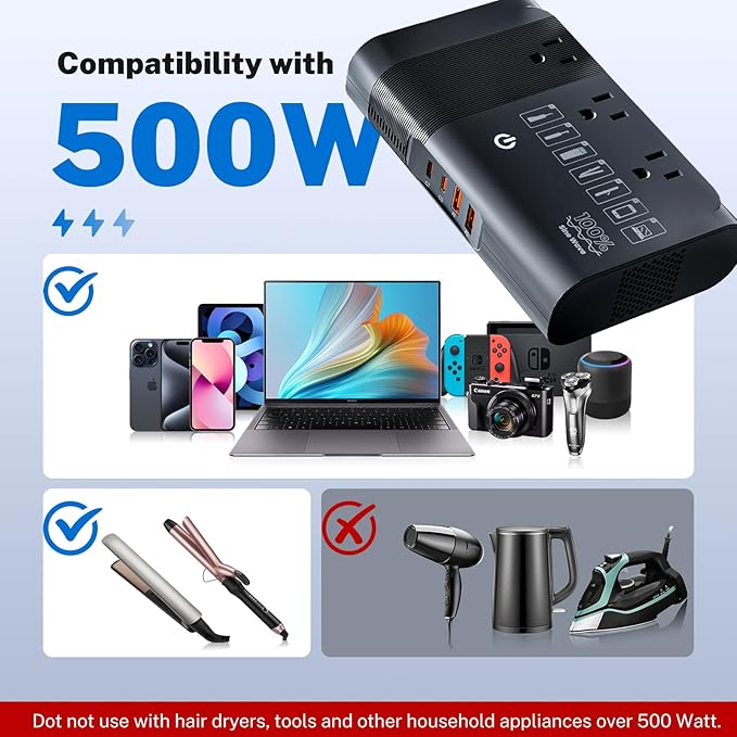 DOACE 500W Pure Sine Wave Voltage Converter, 220V to 110V European Travel Plug Adapter Converter, International Travel Transformer for US to Europe，UK, AU, EU, IT for Hair Straighteners Cameras