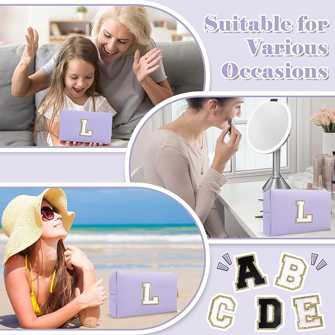 Personalized Makeup Bag Initial A-Z Preppy Patch Bag,Small PU Leather Travel Cosmetic Bag Pouch with Zipper,Purple Cute Toiletry Bag,Gift Ideal for Teen Girls Women Birthday Friend Mom,Latter L