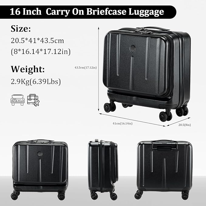 16 Inch Carry On Luggage with 2 Compartments for 14” & 15” Laptop, 16.14*8*17.12” Rolling Briefcase, Lightweight Hardshell ABS+PC Suitcase with Spinner Silent Wheels, for Business Trip, Black