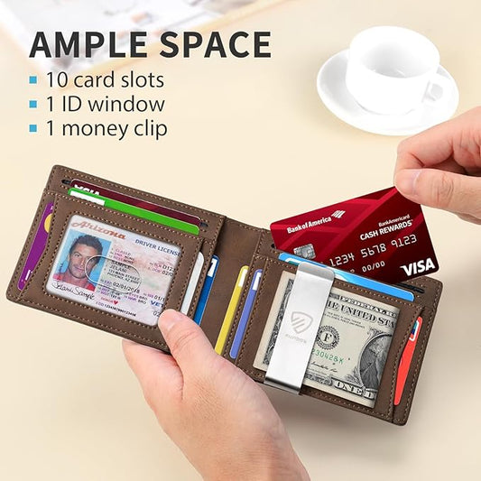 RUNBOX Mens Slim Wallet with Money Clip RFID Blocking Bifold Credit Card Holder for Men with Gift Box