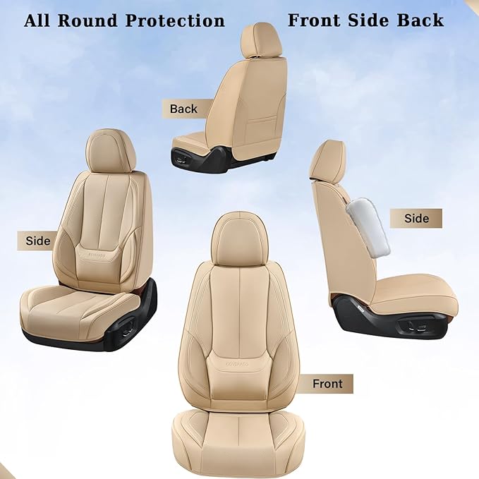 Coverado Car Seat Covers Full Set, Car Seat Protector Waterproof, Nappa Leather Car Seat Cushion, Beige Seat Covers for Cars, Front Seats and Back Universal Fit for Most Cars