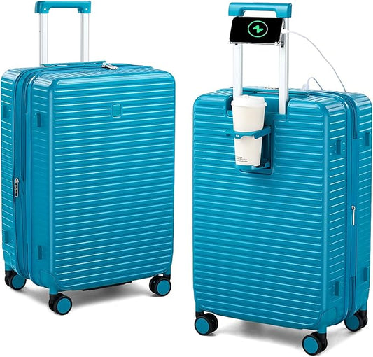 Hard Shell Suitcases Travel Expandable Luggage, 24 Inch Check in Luggage with Spinner Wheels Cup Holder Charger Built in, Checked Medium Suitcase Lightweight Suitcases, Caribbean Blue