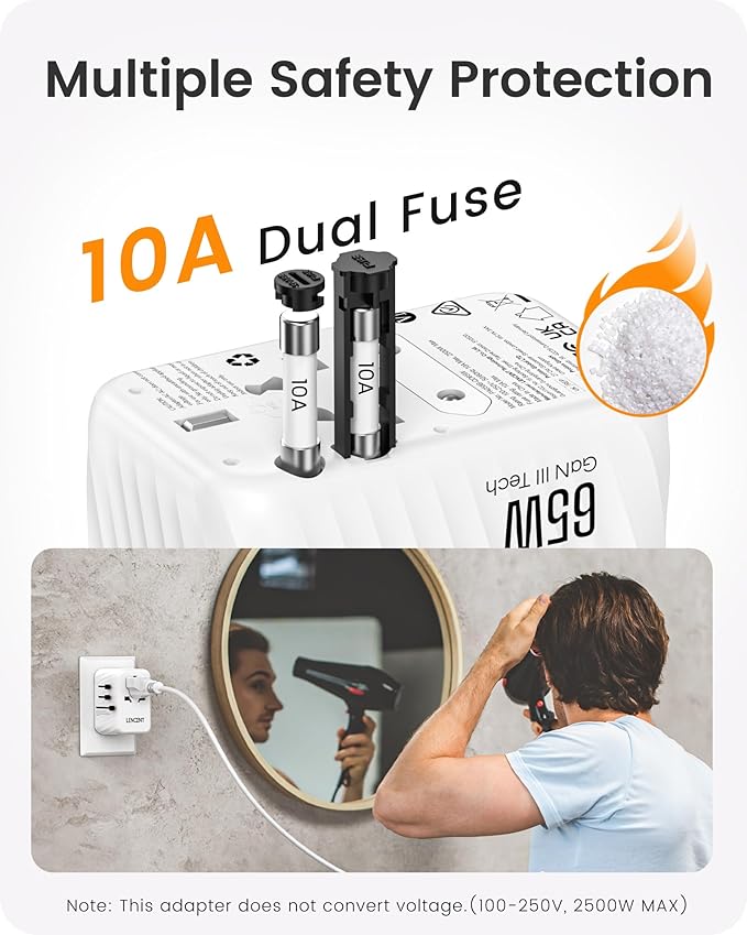 LENCENT Universal Travel Adapter, 65W GaN International Fast Charger with 2 PD3.0 Type C+2 QC USB A, Worldwide Power Adaptor for Phones,Laptops, All in One Travel Essentials for EU/USA/UK/AU, White