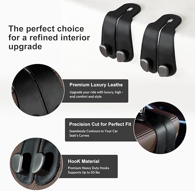 CoBak Purse Hook for Car - Universal Premium Stitched Leather and Aluminum-Magnesium Alloy Double Car Seat Back Storage Hook for Purses, Handbags, Bags (2 Pack),Black