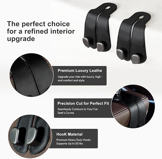CoBak Purse Hook for Car - Universal Premium Stitched Leather and Aluminum-Magnesium Alloy Double Car Seat Back Storage Hook for Purses, Handbags, Bags (2 Pack),Black