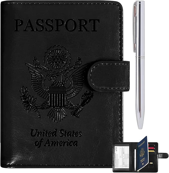 RSAquar Unisex Faux Leather Passport and Vaccine Card Holder Combo, Black, Slim and Lightweight with RFID Blocking Technology