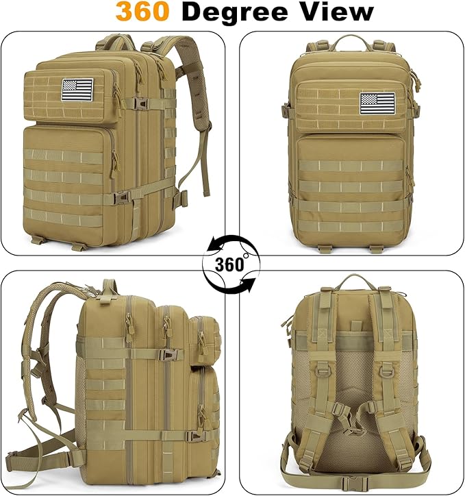 Tactical Backpack 45L Military Rucksack, Water Resistant MOLLE Assault Pack, Large 3 Day Bug Out Bag for Men & Women, Durable Outdoor Gear for Hiking, Camping, Hunting, Travel (Khaki)