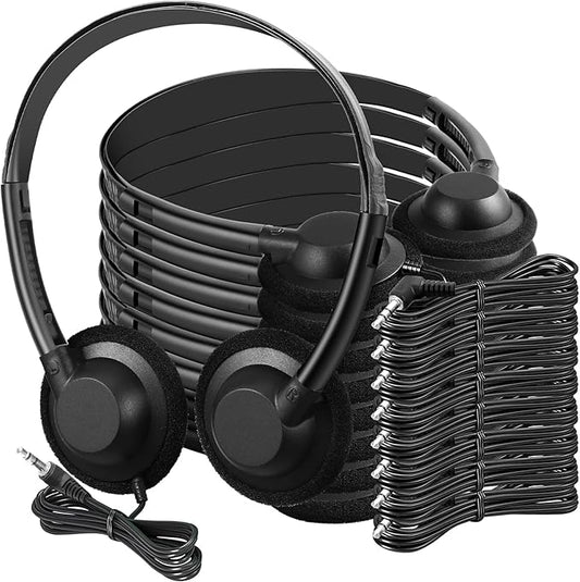 Flutesan 60 Pieces Classroom School Headphones Bulk on Ear Headphone with 3.5mm Headphone Plug in Adjustable Disposable for Kids Adults Student Noise Stereo Sound Library No Microphone