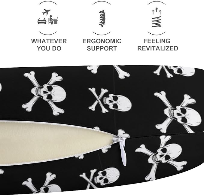 Luxurious Memory Foam U-Shape Pillow, Skull and Crossbones U-Shaped, Neck & Head Support for Travel Airplane Office Sleep, Washable Cover Comfort