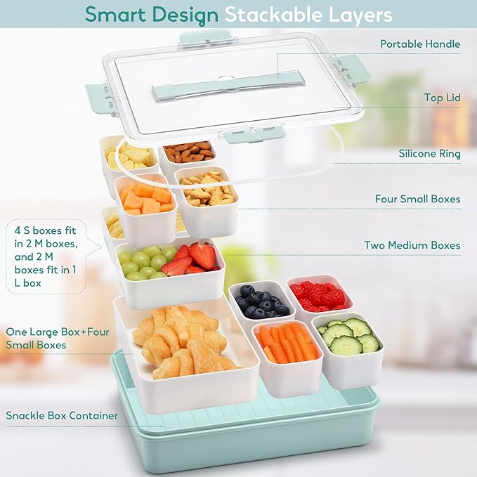 Snackle Box Container for Adults, 11 in 1 Divided Serving Tray Snack Box Containers with Stackable Compartment and Handle, Customizable Charcuterie Boxes Portable Snack Platter for Party Travel, Green