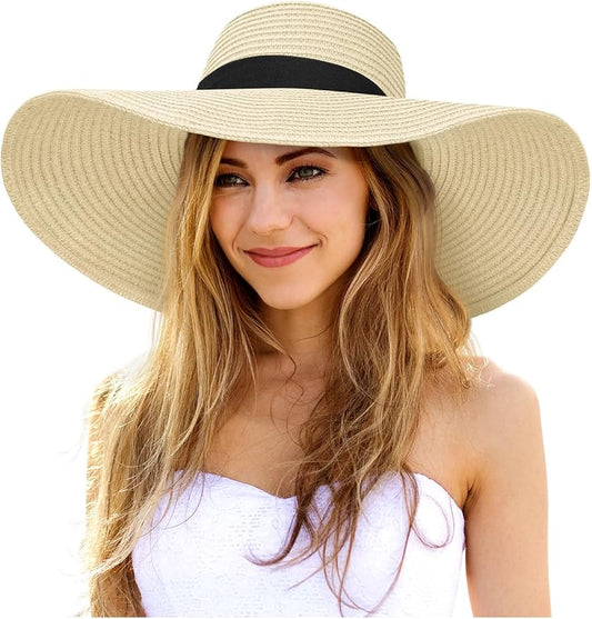 Senker Fashion Sun Hats for Women Oversize Wide Brim Straw Beach Hat Floppy Foldable Roll-Up Summer Vacation UPF 50+