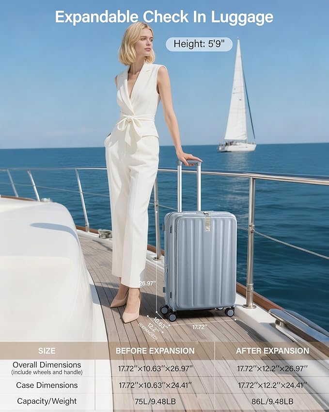 Hanke 24 Inch Expandable Luggage Top Opening Checked Bag Luggage Hard Shell Suitcases with Wheels Lightweight Travel Luggage Medium Suitcase with Lock for Woman Men-Grey