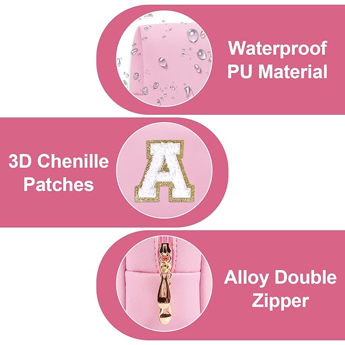 Personalized Initial A-Z Preppy Patch Makeup Bag,Small PU Chenille Letter Cosmetic Bag with Zipper for Teen Girls,Pink Cute Toiletry Organizer Bag,Monogram Makeup Case Gift for Women Girls,Letter A