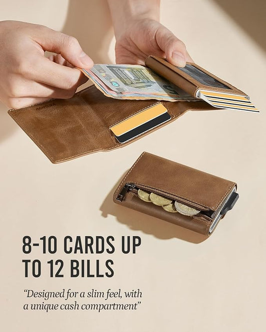 YESIIW Slim Wallet for Men - Premium Genuine Leather - Pop up Card Case Mens Wallet for 7-9 Card Capacity | ID Window | Cash Slot | Coin Pocket - RFID Blocking - Slim, Minimalist Thin (Brown)
