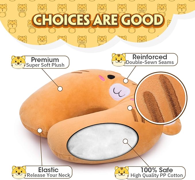 H HOMEWINS Travel Pillow for Kids,Toddler Neck Pillow Cute Animal Neck Head Chin Support Travel Accessories for Airplane, Car, Train,Recline(Cute Tiger)