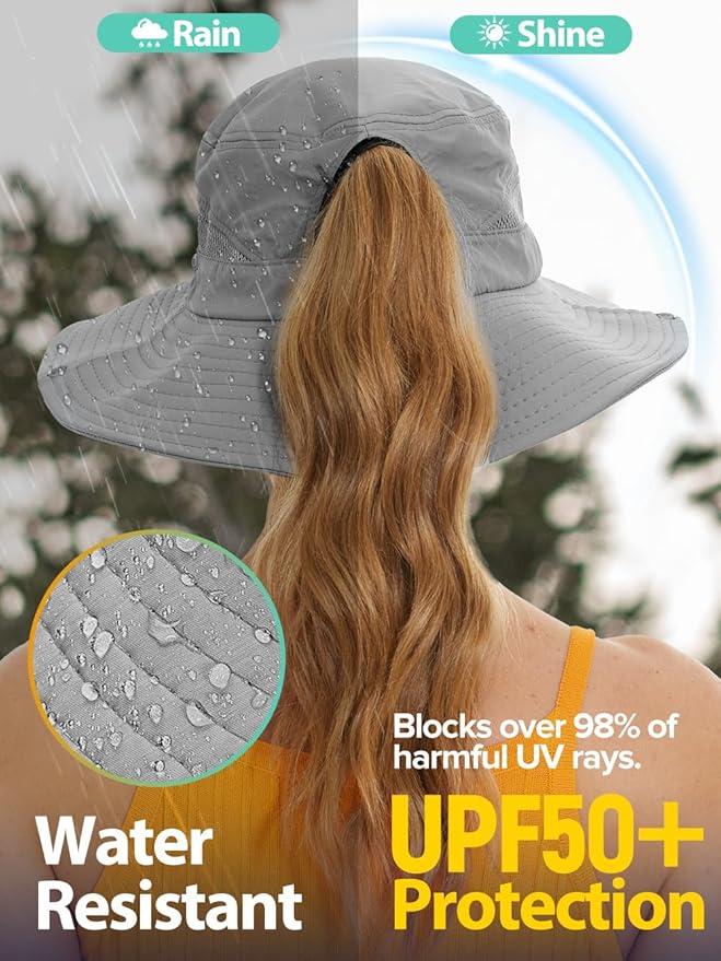 Sun Bucket Beach Hats for Women with Ponytail Hole,Sun Protection UV UPF50+ Waterproof Fishing Safari Hiking Hat