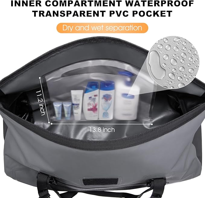 Waterproof Duffel Bag, 50L Roll-top Motorcycle Dry Bag with Air Valve & Quick-fixed Straps, Travel Duffle Bags for Kayaking Paddle Boarding Rafting Boating Camping Riding Fishing - Grey