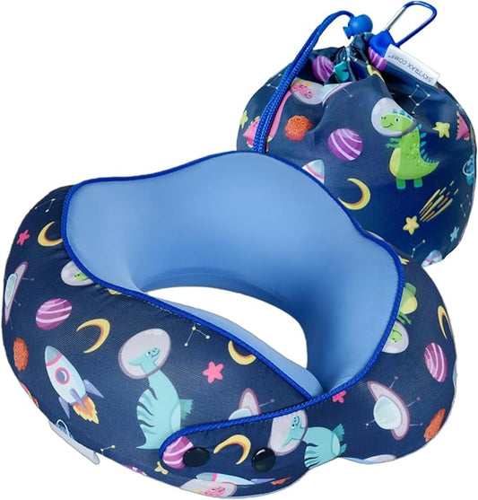 SKYTRAX® Certified Kids Safe Memory Foam Travel Neck Pillow for Kids and Toddlers, Cute Cartoon Design, Car Seat & Airplane Head Neck Support, Adjustable Snap Button, Washable Soft Cover (Dinosaur)