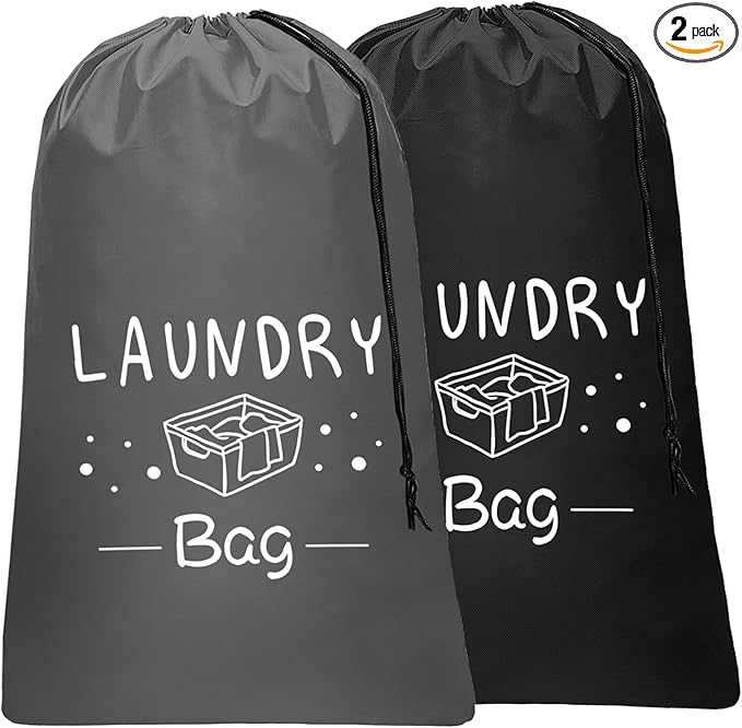 Sylfairy 2 Pack Extra Large Travel Laundry Bag, Dirty Clothes Organizer with Drawstring,Heavy Duty Travel Laundry Bags,Easy Fit a Laundry Hamper Travel Essentials (Black+Grey, 24" x 36")