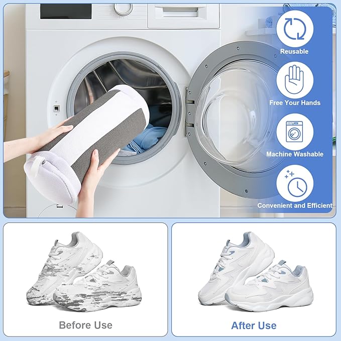 Shoe Washing Machine Bags, 2 PCS Reusable Grey+White Chenille Laundry Bags for Washing Machine, 360 Wrap-Around Clean Shoe Laundry Bags with Hidden Zipper