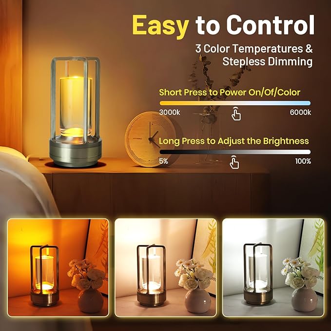 Crystal Lantern Lights Set of 2, Battery Operated Rechargeable Cordless Crystal Table Lantern Lamp with 3-Color, Small LED Desk Lamp for Indoor/Outdoor Patio Camping Bar Restaurant(Silver)