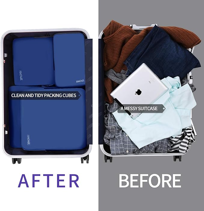 BAGAIL 4 Set/6 Set/8 Set Compression Packing Cubes Travel Accessories Expandable Packing Organizers (Cloth Pattern, 4-Navy)