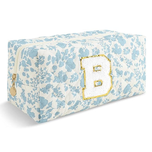 Personalized Quilted Cosmetic Bag, Puffy Monogrammed Christmas Birthday Gifts for Women & Girls, Cute initial Floral Makeup Bag Puffer Coquette Bag, Aesthetic Travel Toiletry Zipper Pouch(Blue,B)