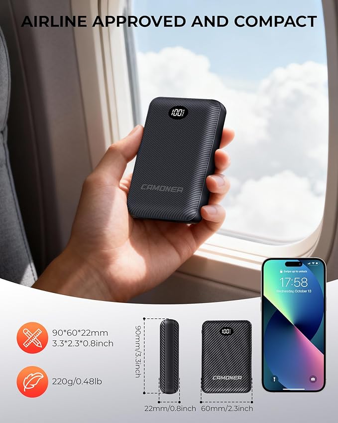 5V 12000mAh Heated Vest Battery Pack, Pocket Size Power Bank with LED Display, Type-C Input, and Dual USB-A Output for Heated Apparel, Vest, Seat, Blanket