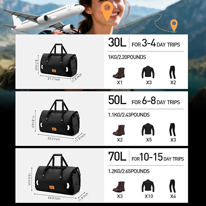 Waterproof Duffel Bag, 70L Roll-top Motorcycle Dry Bag with Air Valve & Quick-fixed Straps, Travel Duffle Bags for Kayaking Paddle Boarding Rafting Boating Camping Riding Fishing - Black